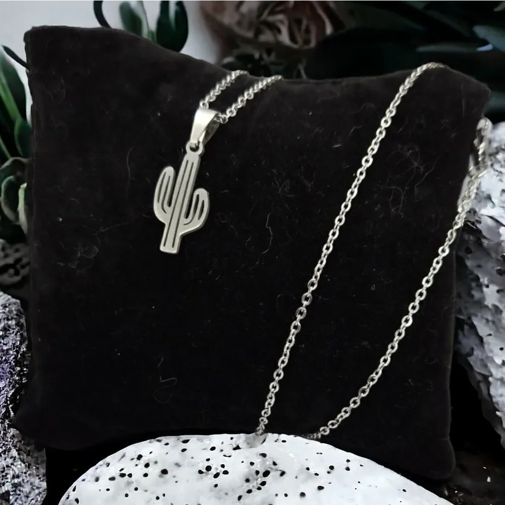 Cactus Stainless Steel Necklace Silver Saguaro Cacti Charm Pendant Western